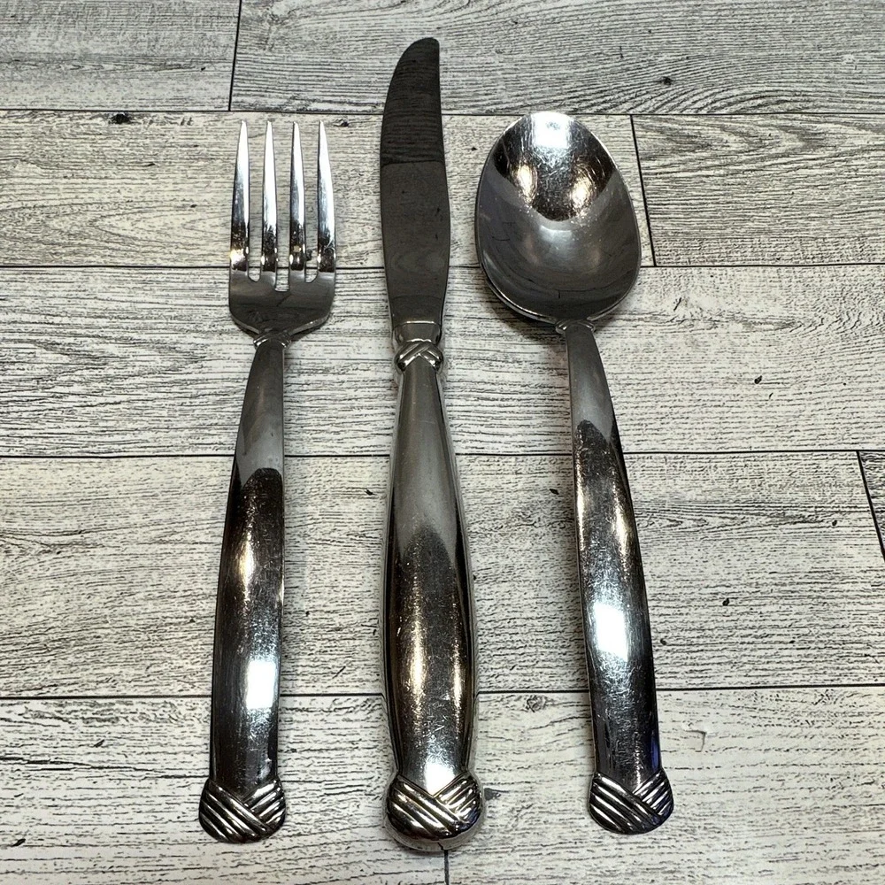 Oneida USA Rattan Stainless Steel Shiny Silver Etched Flatware 3PC Vintage